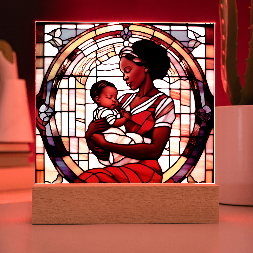 Black Mother and Baby Stained Glass Style LED Acrylic Plaque – A Powerful Tribute for New Moms and Mother's Day - Mallard Moon Gift Shop
