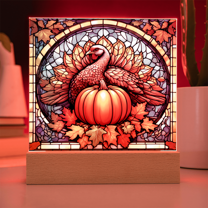 Thanksgiving Stained Glass Turkey Acrylic Plaque – Elegant Fall Home Decor with LED Light Base | Autumn Window Art Inspired Gift