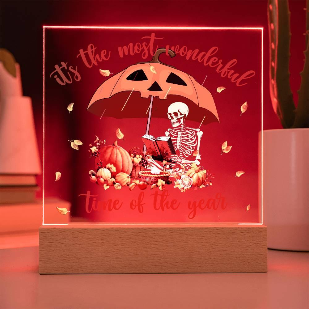Halloween Decor - Most Wonderful Time of The Year Acrylic Square Plaque with LED Wooden Base - Mallard Moon Gift Shop