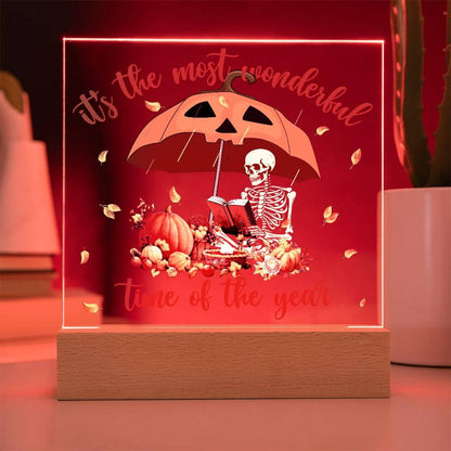 Halloween Decor - Most Wonderful Time of The Year Acrylic Square Plaque with LED Wooden Base - Mallard Moon Gift Shop