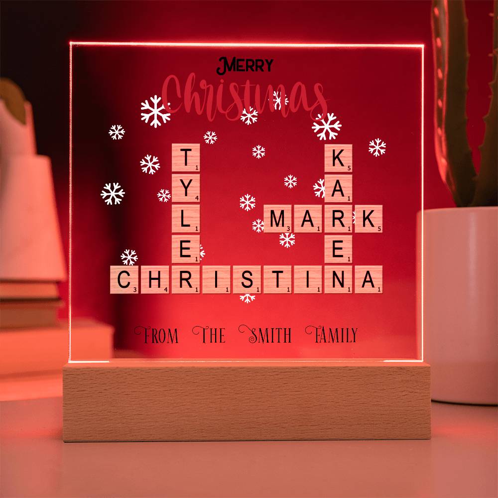 Personalized Crossword Puzzle Merry Christmas Acrylic Plaque with Lighted LED Wooden Base - Mallard Moon Gift Shop