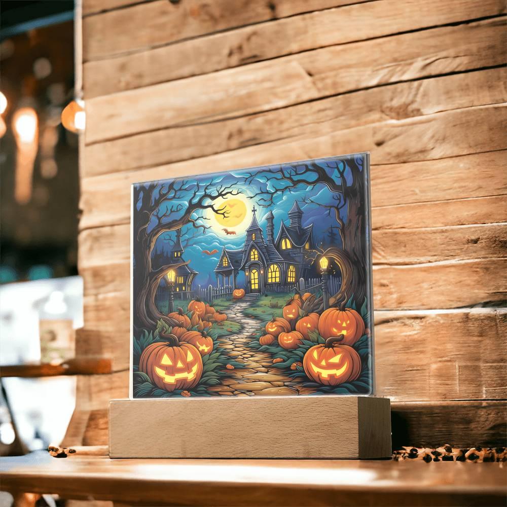 Halloween Decor Haunted Mansion Acrylic Square Plaque with LED Wooden Base - Mallard Moon Gift Shop