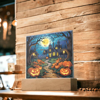 Halloween Decor Haunted Mansion Acrylic Square Plaque with LED Wooden Base - Mallard Moon Gift Shop