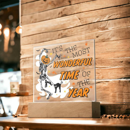 Halloween Decor - The Most Wonderful Time of the Year Acrylic Square Plaque with LED Wooden Base - Mallard Moon Gift Shop