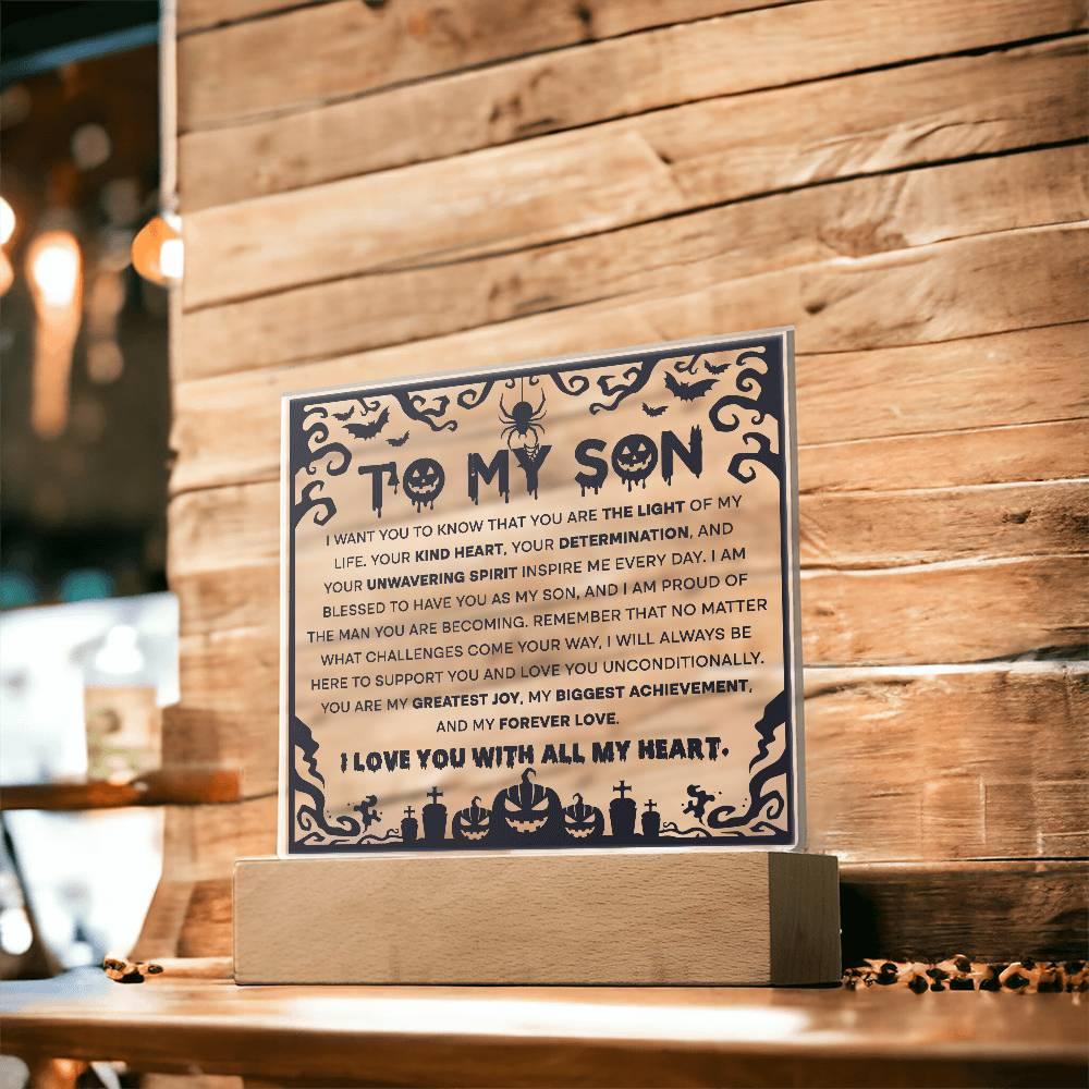 Son - Proudest Achievement - Halloween Acrylic Square Plaque with LED Wooden Base - Mallard Moon Gift Shop