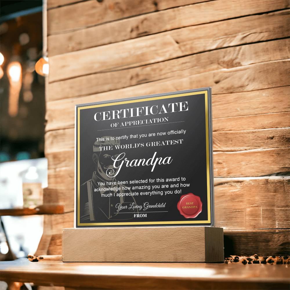 Certificate of Appreciation - The World's Greatest Grandpa Personalized Acrylic Plaque - Mallard Moon Gift Shop