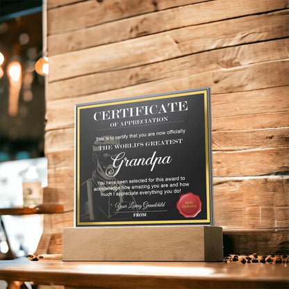 Certificate of Appreciation - The World's Greatest Grandpa Personalized Acrylic Plaque - Mallard Moon Gift Shop
