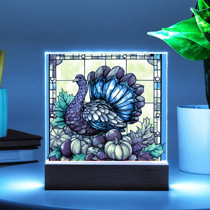 Thanksgiving Turkey Stained-glass Acrylic Square LED Lighted Wooden Base - Mallard Moon Gift Shop