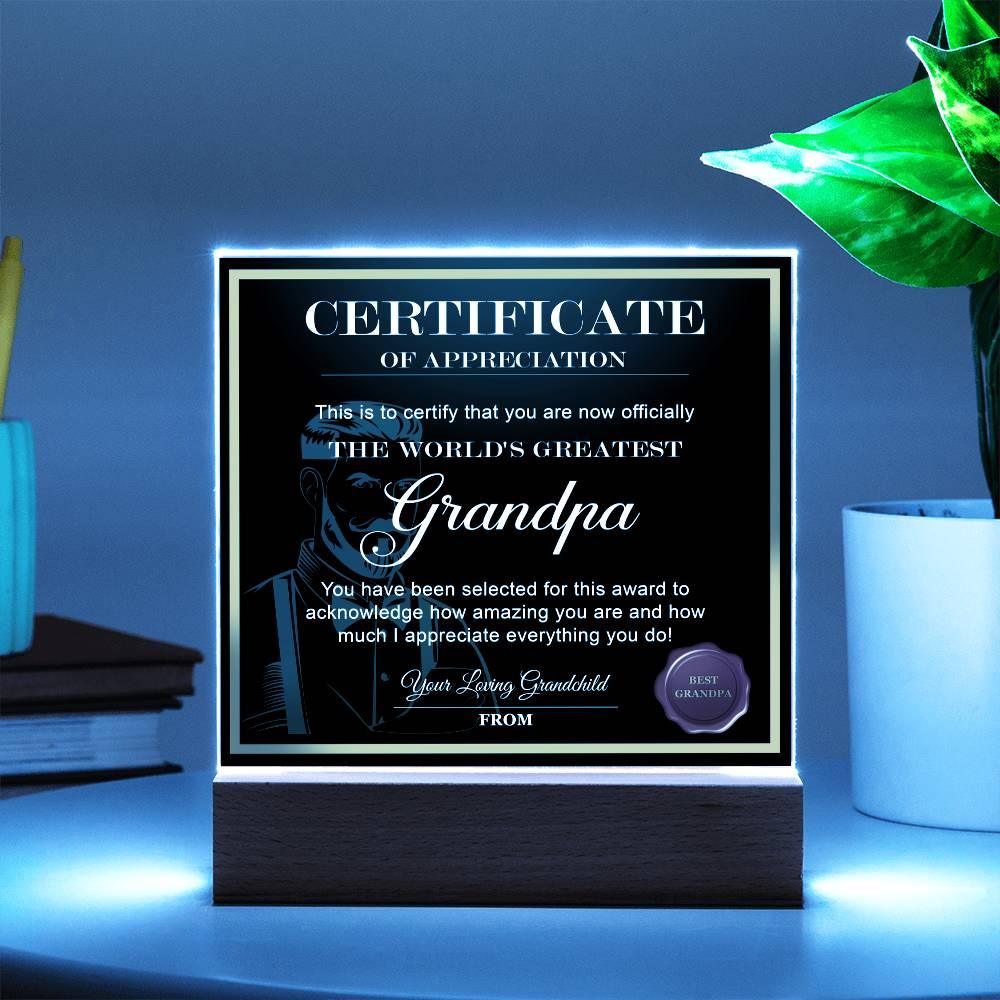 Certificate of Appreciation - The World's Greatest Grandpa Personalized Acrylic Plaque - Mallard Moon Gift Shop