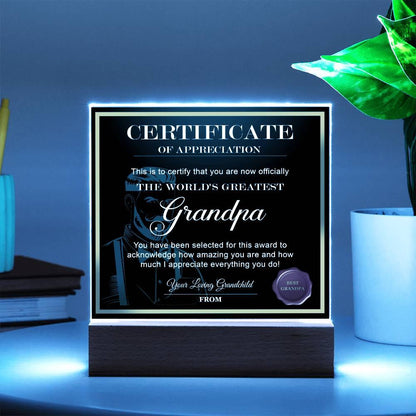 Certificate of Appreciation - The World's Greatest Grandpa Personalized Acrylic Plaque - Mallard Moon Gift Shop