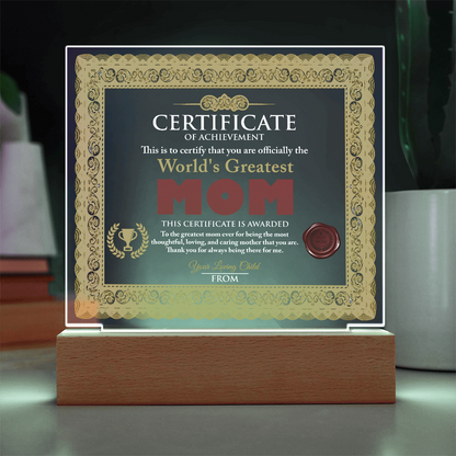 World's Greatest Mom Personalized Certificate – LED Acrylic Plaque Gift for Mother's Day - Mallard Moon Gift Shop