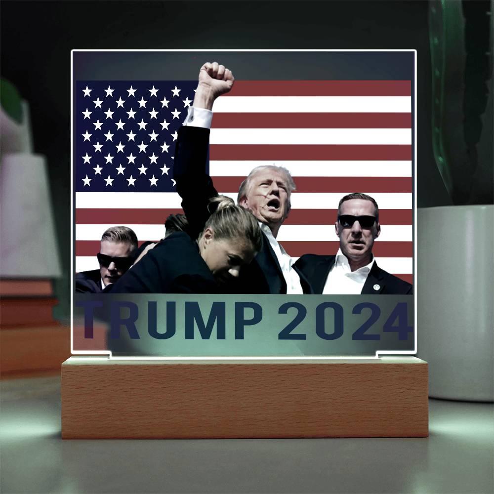 Trump 2024 Butler Rally Acrylic Plaque with LED Lighted Wooden Base - Mallard Moon Gift Shop