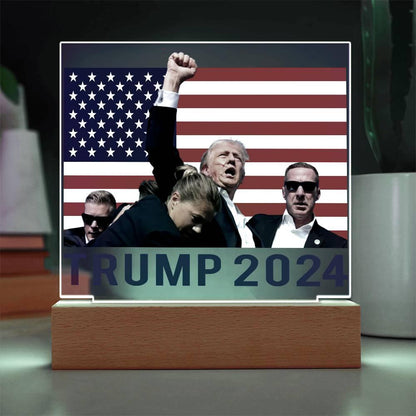Trump 2024 Butler Rally Acrylic Plaque with LED Lighted Wooden Base - Mallard Moon Gift Shop