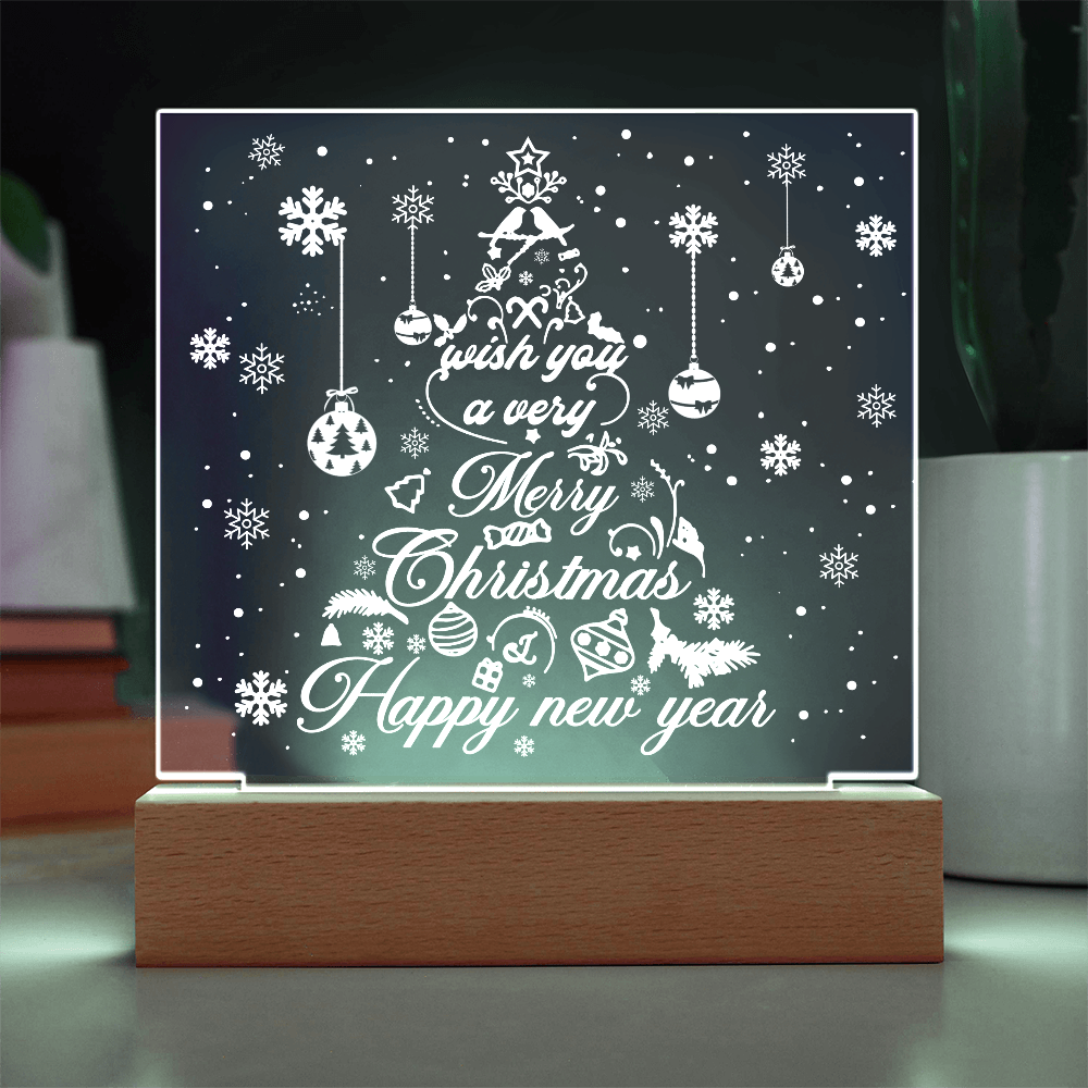 Merry Christmas & Happy New Year Acrylic Plaque – Elegant Holiday LED Light Décor | Festive Tree Design Gift