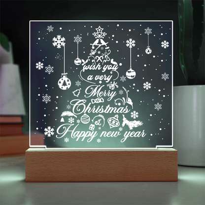 Merry Christmas & Happy New Year Acrylic Plaque – Elegant Holiday LED Light Décor | Festive Tree Design Gift