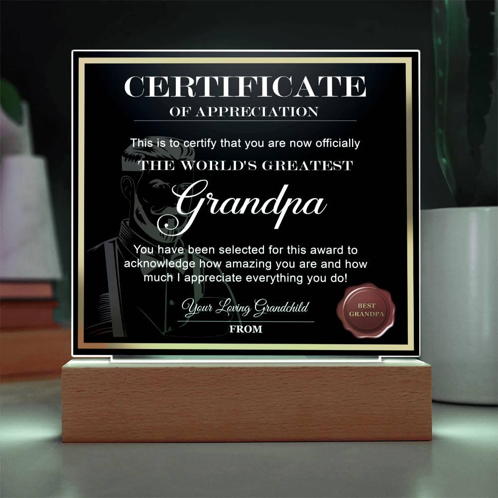 Certificate of Appreciation - The World's Greatest Grandpa Personalized Acrylic Plaque - Mallard Moon Gift Shop