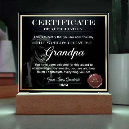 Certificate of Appreciation - The World's Greatest Grandpa Personalized Acrylic Plaque - Mallard Moon Gift Shop