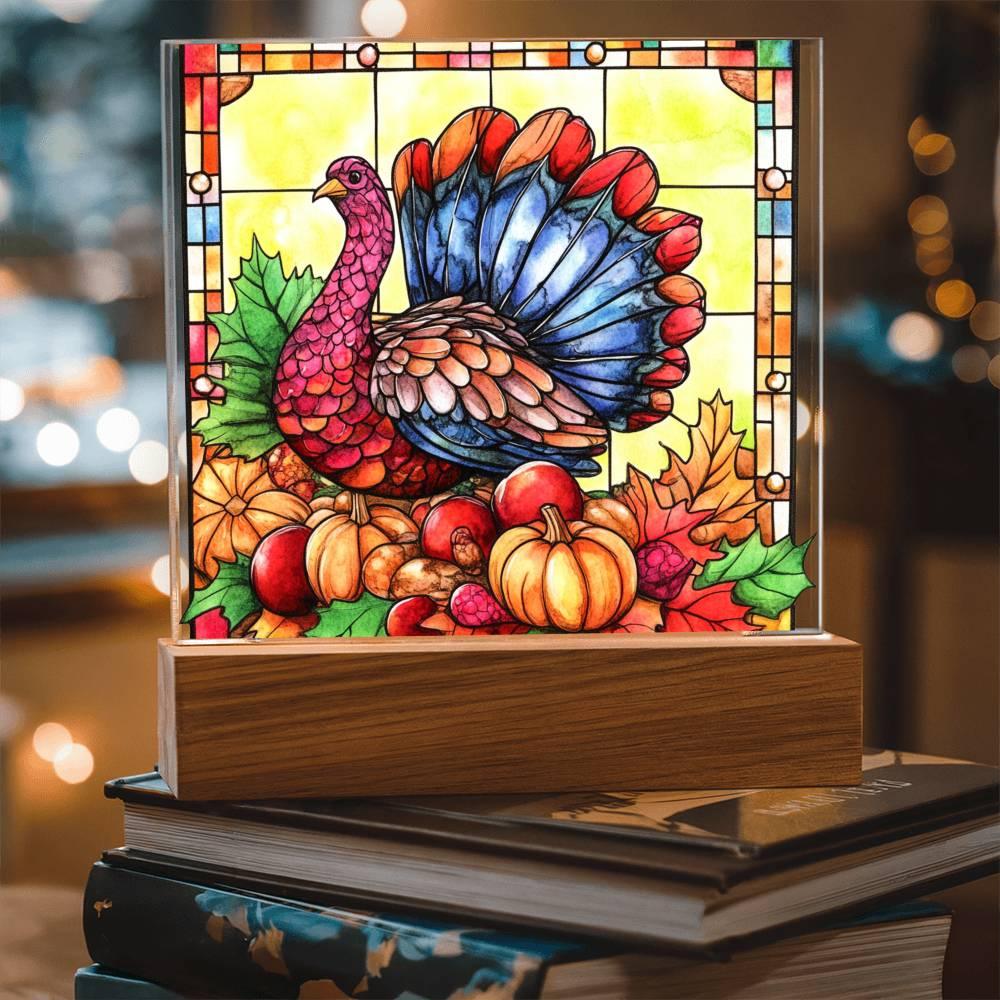 Thanksgiving Turkey Stained-glass Acrylic Square LED Lighted Wooden Base - Mallard Moon Gift Shop