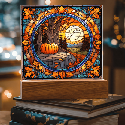 Stained Glass Autumn Pumpkin Sunset Acrylic Plaque – Fall Harvest Home Decor with LED Light Base | Thanksgiving Window Art Accent