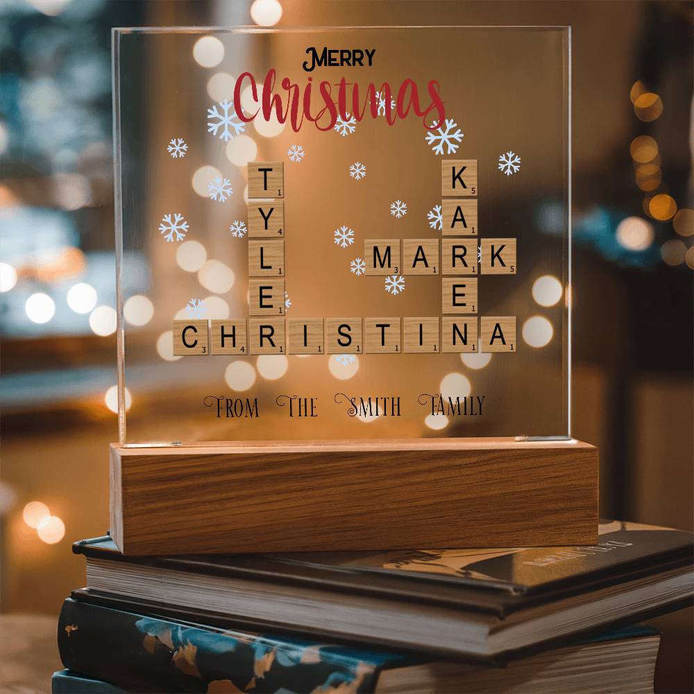 Personalized Crossword Puzzle Merry Christmas Acrylic Plaque with Lighted LED Wooden Base - Mallard Moon Gift Shop