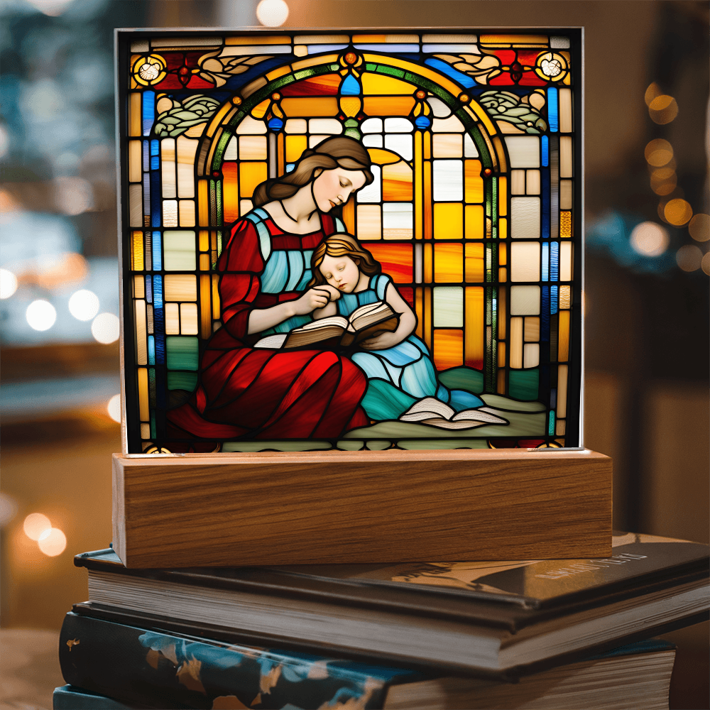 Mother and Child Reading Together Stained-Glass Style LED Acrylic Plaque – A Heartfelt Gift for Moms and Book-Loving Families - Mallard Moon Gift Shop