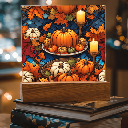 Stained Glass Pumpkin & Candle Acrylic Plaque – Thanksgiving Harvest Centerpiece | Fall Home Décor with LED Light Base