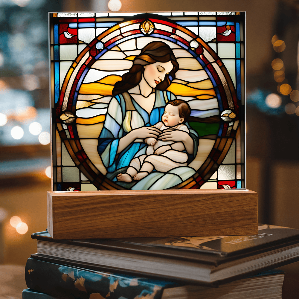 Brunette Mother and Baby - Stained Glass Style LED Acrylic Plaque – A Cherished Gift for Mother's Day or New Moms - Mallard Moon Gift Shop