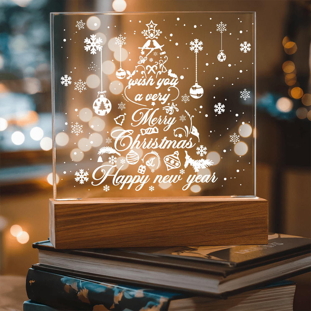 Merry Christmas & Happy New Year Acrylic Plaque – Elegant Holiday LED Light Décor | Festive Tree Design Gift