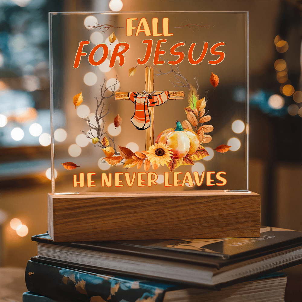 Fall for Jesus Acrylic Plaque – Christian Fall Décor with Cross and Pumpkins | Faith-Based LED Light Display Gift