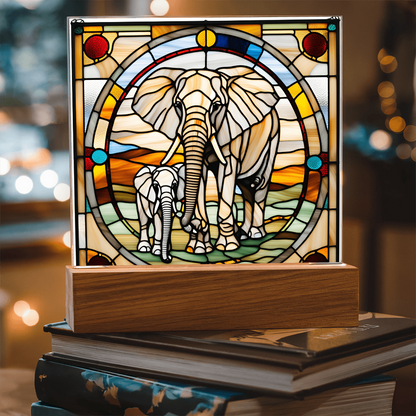 Elephant Mother and Baby Calf - Stained Glass Style LED Acrylic Plaque – A Symbol of Strength, Love, and Family - Mallard Moon Gift Shop