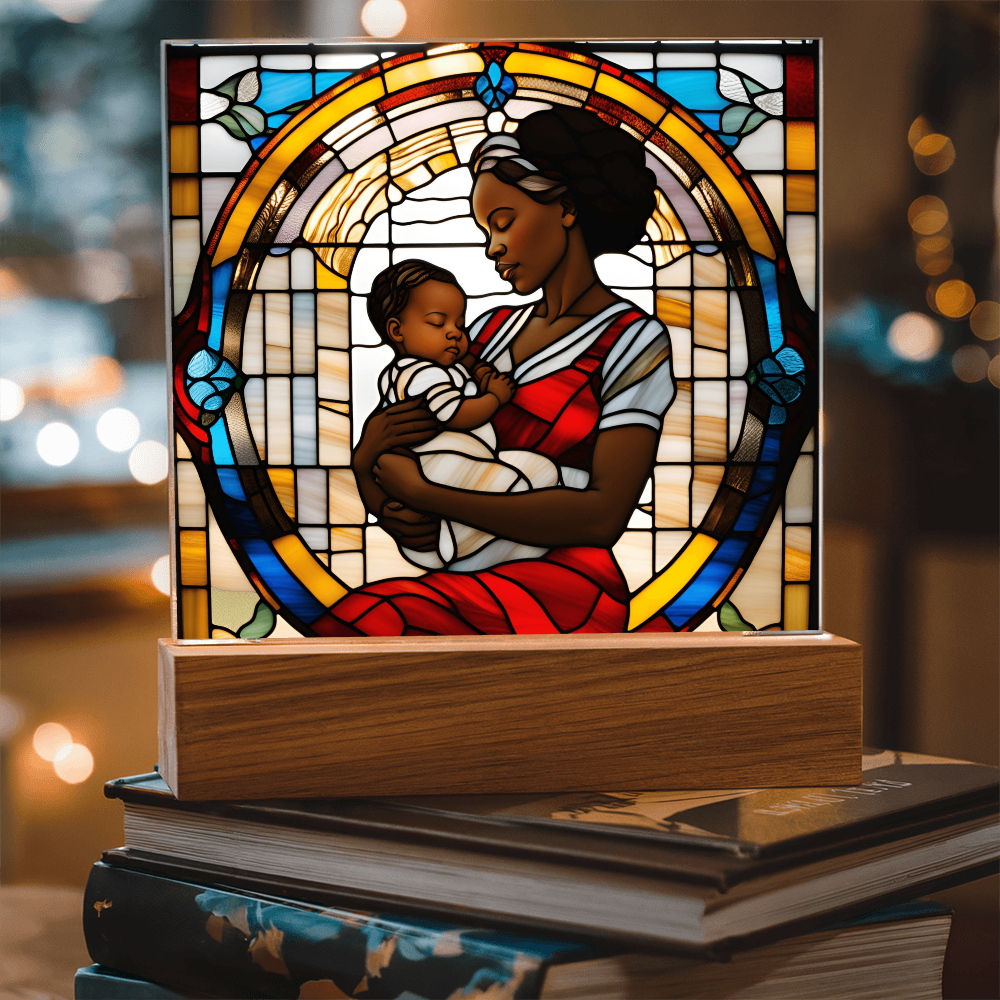 Black Mother and Baby Stained Glass Style LED Acrylic Plaque – A Powerful Tribute for New Moms and Mother's Day - Mallard Moon Gift Shop