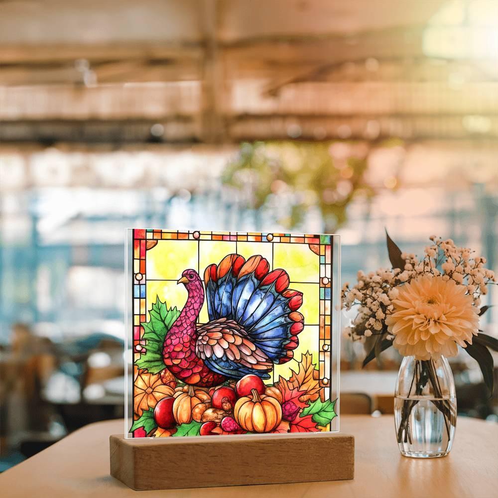 Thanksgiving Turkey Stained-glass Acrylic Square LED Lighted Wooden Base - Mallard Moon Gift Shop