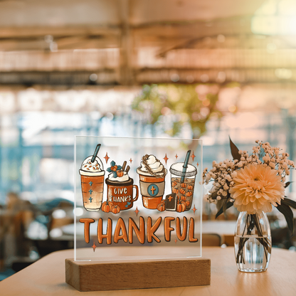 Thankful Coffee Acrylic Plaque – Cozy Fall Décor Gift for Coffee Lovers | “Give Thanks” Autumn LED Light Display