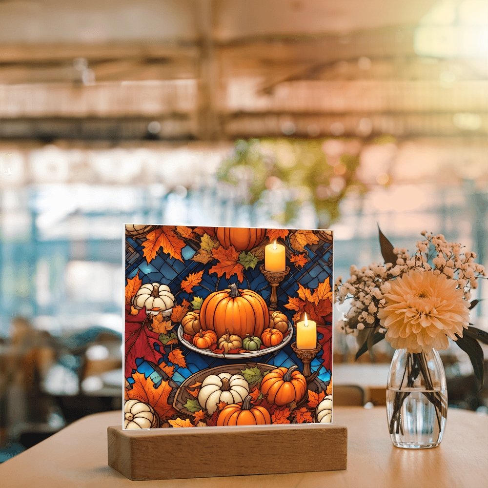 Stained Glass Pumpkin & Candle Acrylic Plaque – Thanksgiving Harvest Centerpiece | Fall Home Décor with LED Light Base