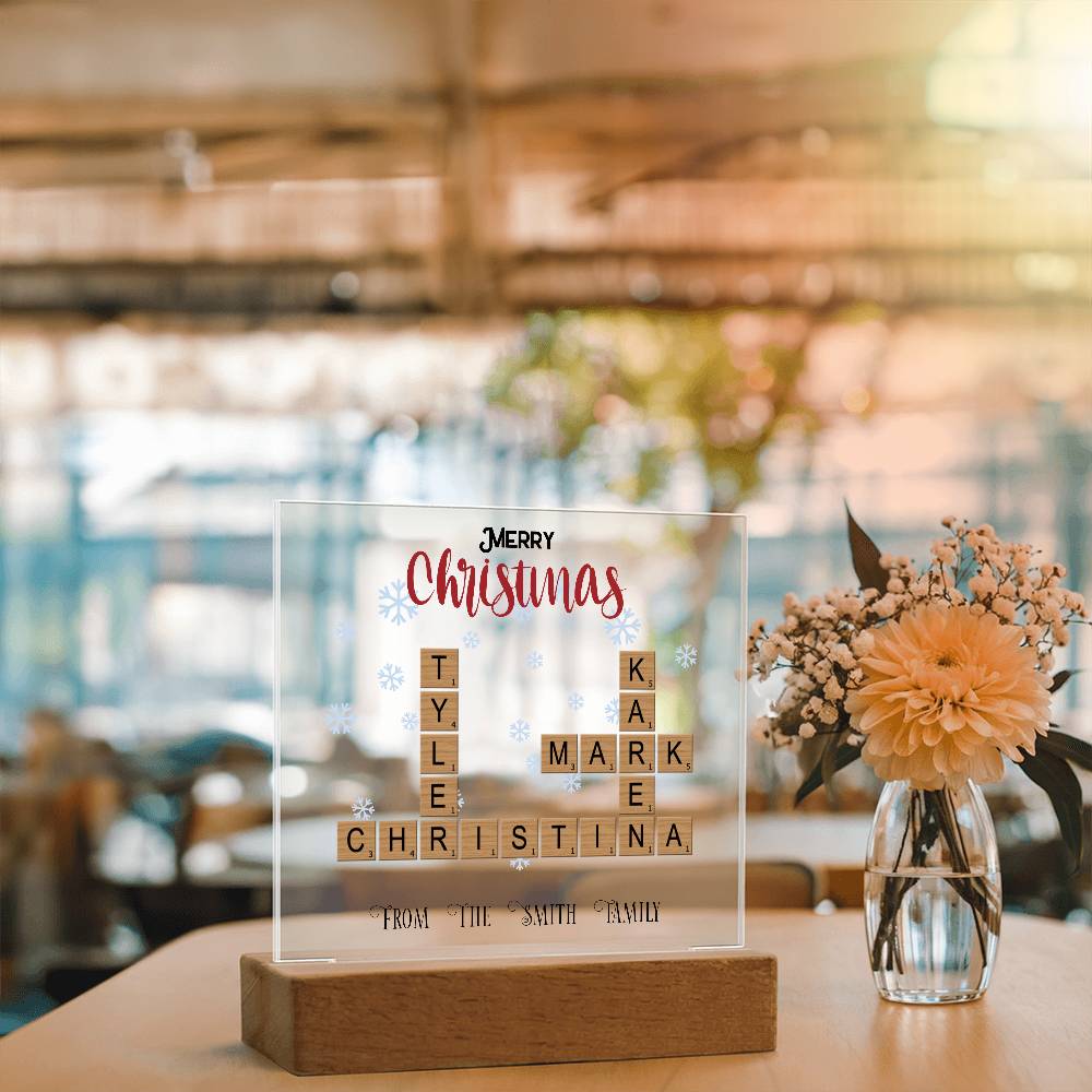 Personalized Crossword Puzzle Merry Christmas Acrylic Plaque with Lighted LED Wooden Base - Mallard Moon Gift Shop