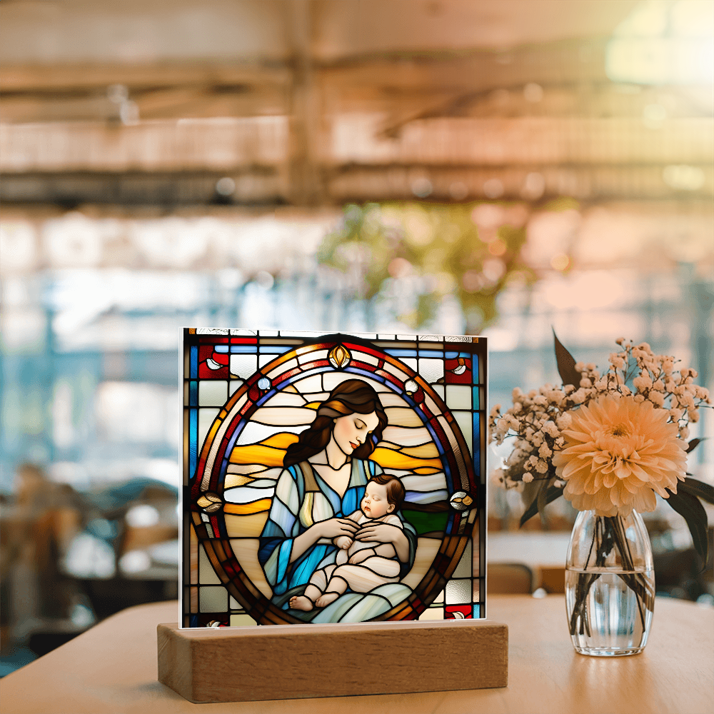 Brunette Mother and Baby - Stained Glass Style LED Acrylic Plaque – A Cherished Gift for Mother's Day or New Moms - Mallard Moon Gift Shop