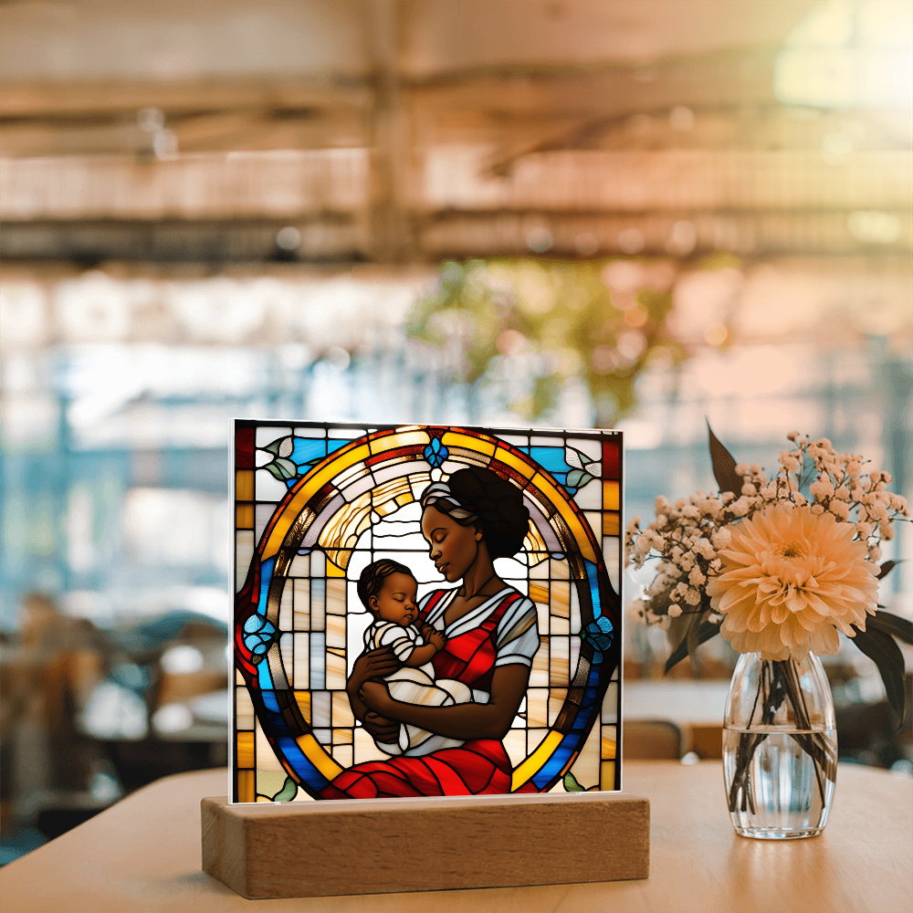 Black Mother and Baby Stained Glass Style LED Acrylic Plaque – A Powerful Tribute for New Moms and Mother's Day - Mallard Moon Gift Shop