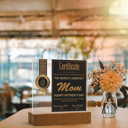 World's Greatest Mom Certificate LED Acrylic Plaque – Personalized Best Mom Award 2025 Mother's Day Gift - Mallard Moon Gift Shop