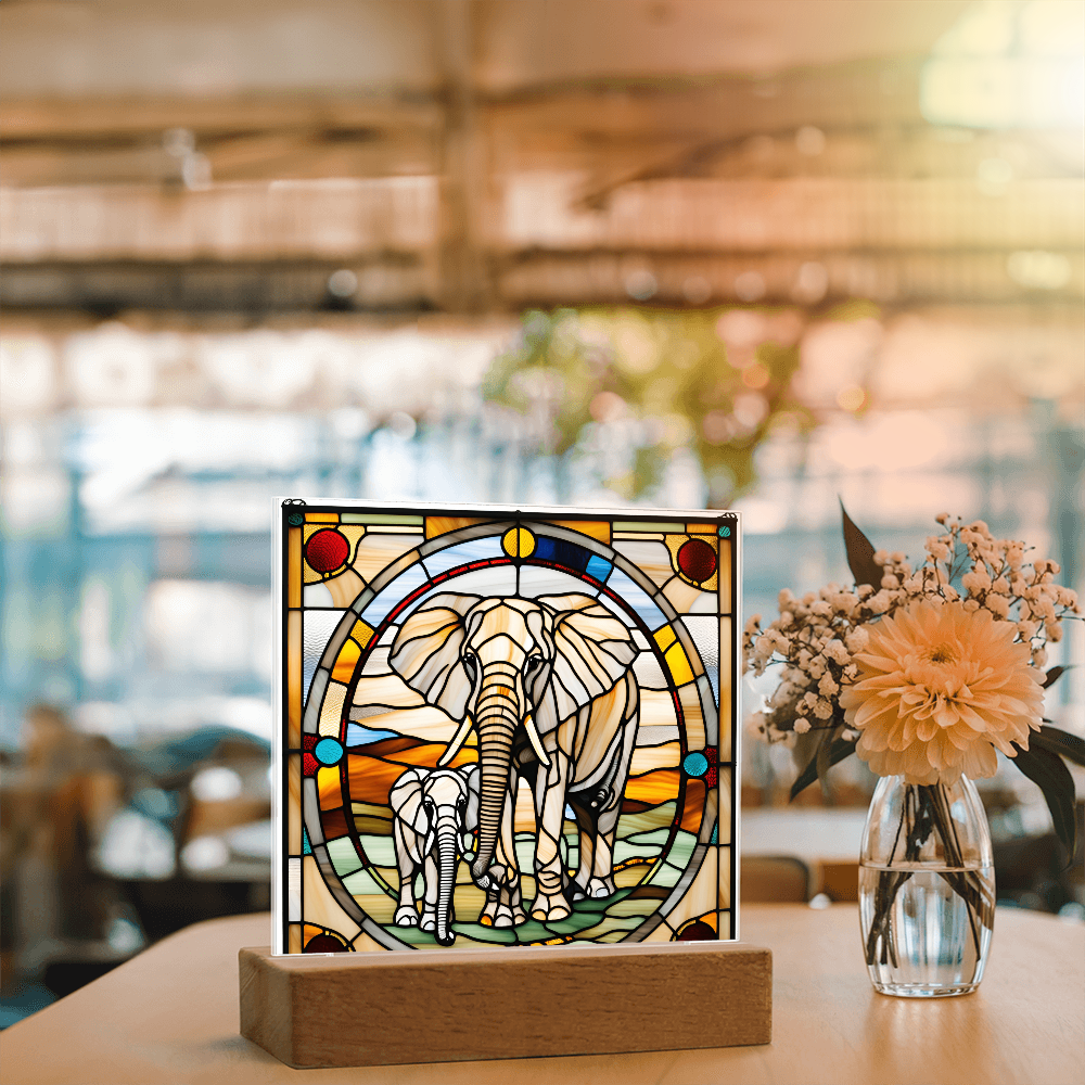 Elephant Mother and Baby Calf - Stained Glass Style LED Acrylic Plaque – A Symbol of Strength, Love, and Family - Mallard Moon Gift Shop
