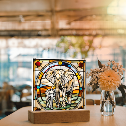 Elephant Mother and Baby Calf - Stained Glass Style LED Acrylic Plaque – A Symbol of Strength, Love, and Family - Mallard Moon Gift Shop