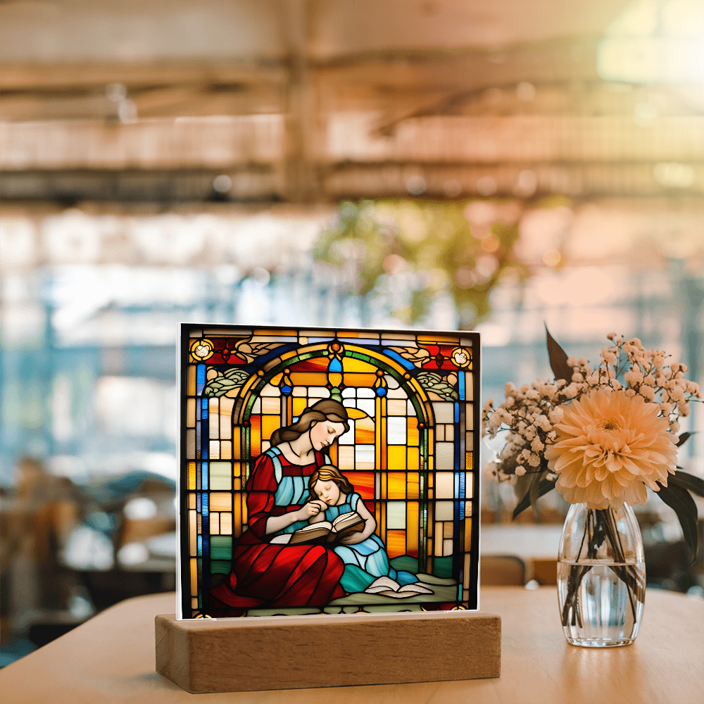 Mother and Child Reading Together Stained-Glass Style LED Acrylic Plaque – A Heartfelt Gift for Moms and Book-Loving Families - Mallard Moon Gift Shop