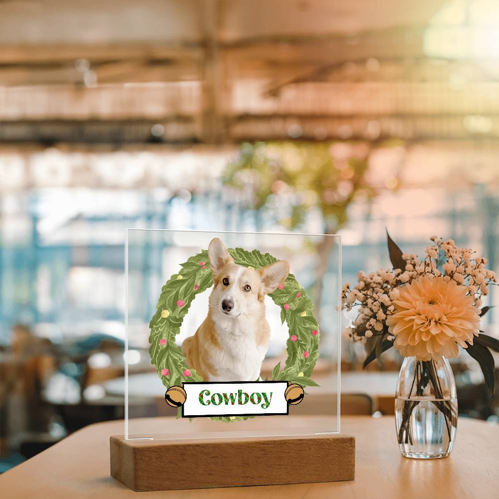 Pet Personalized Holiday Wreath Photo Upload Keepsake Acrylic Plaque with Lighted LED Wooden Base - Mallard Moon Gift Shop