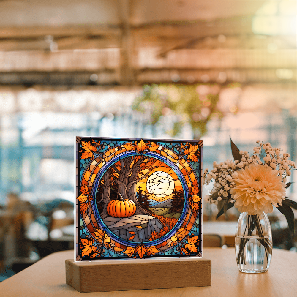 Stained Glass Autumn Pumpkin Sunset Acrylic Plaque – Fall Harvest Home Decor with LED Light Base | Thanksgiving Window Art Accent