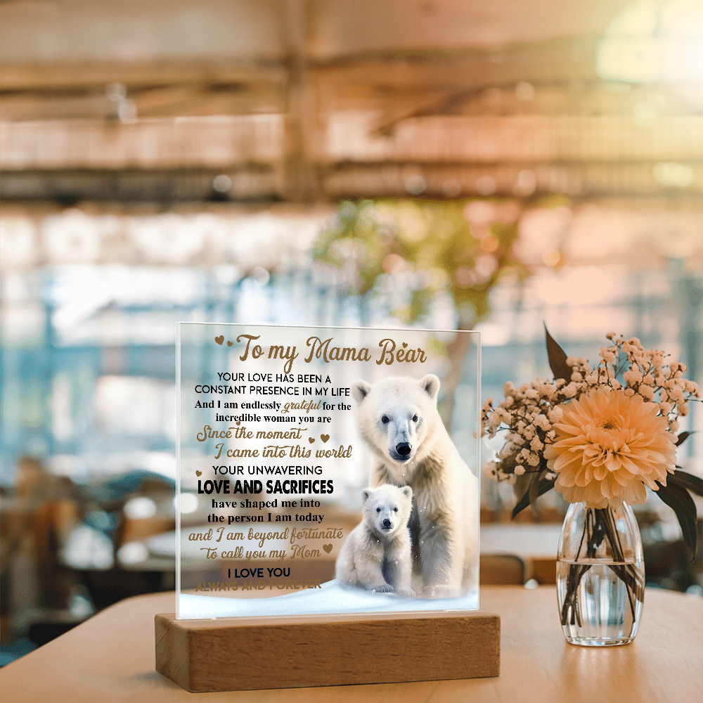 To My Mama Bear Acrylic Plaque – Polar Bear LED Light Gift | Heartfelt “Always and Forever” Keepsake for Mom