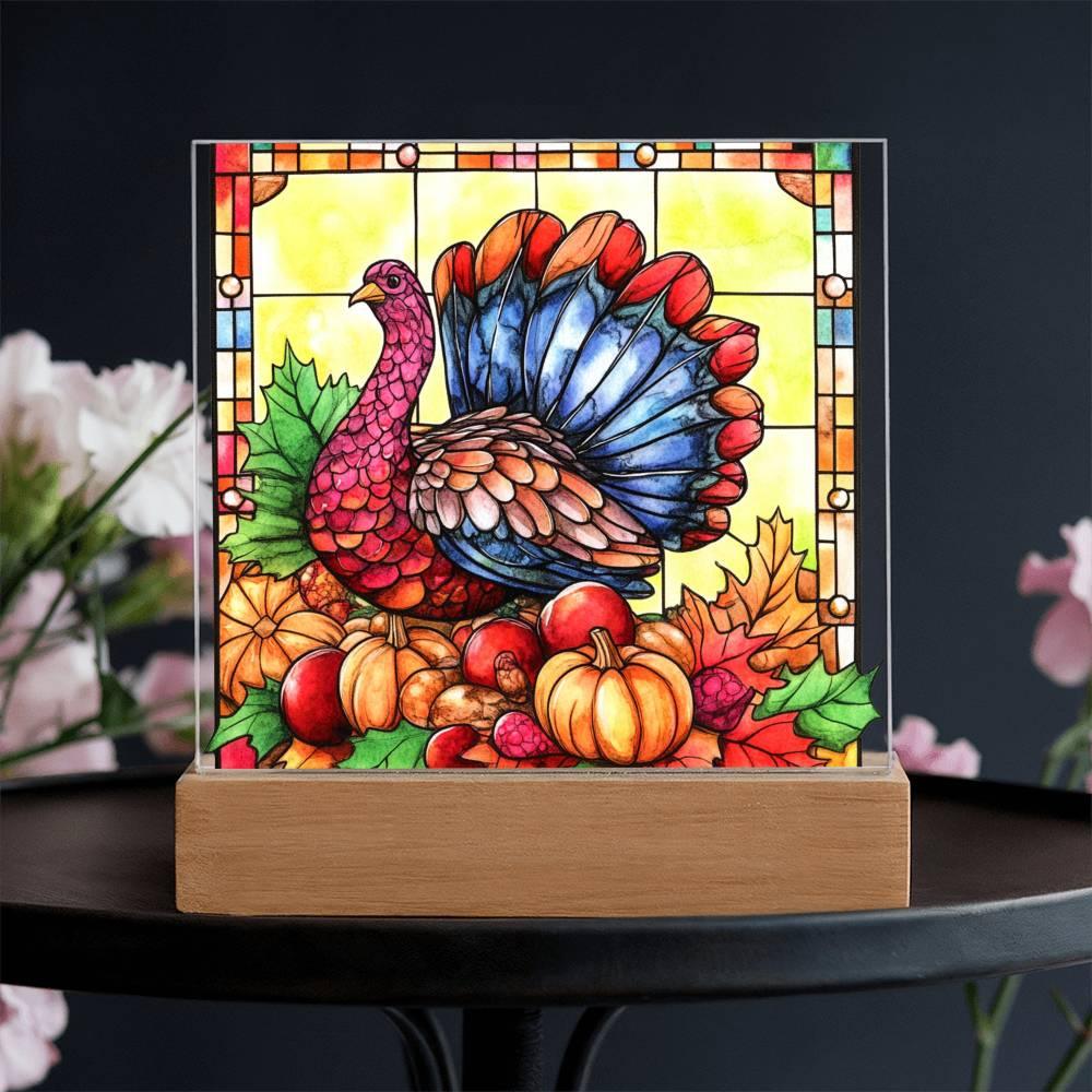 Thanksgiving Turkey Stained-glass Acrylic Square LED Lighted Wooden Base - Mallard Moon Gift Shop