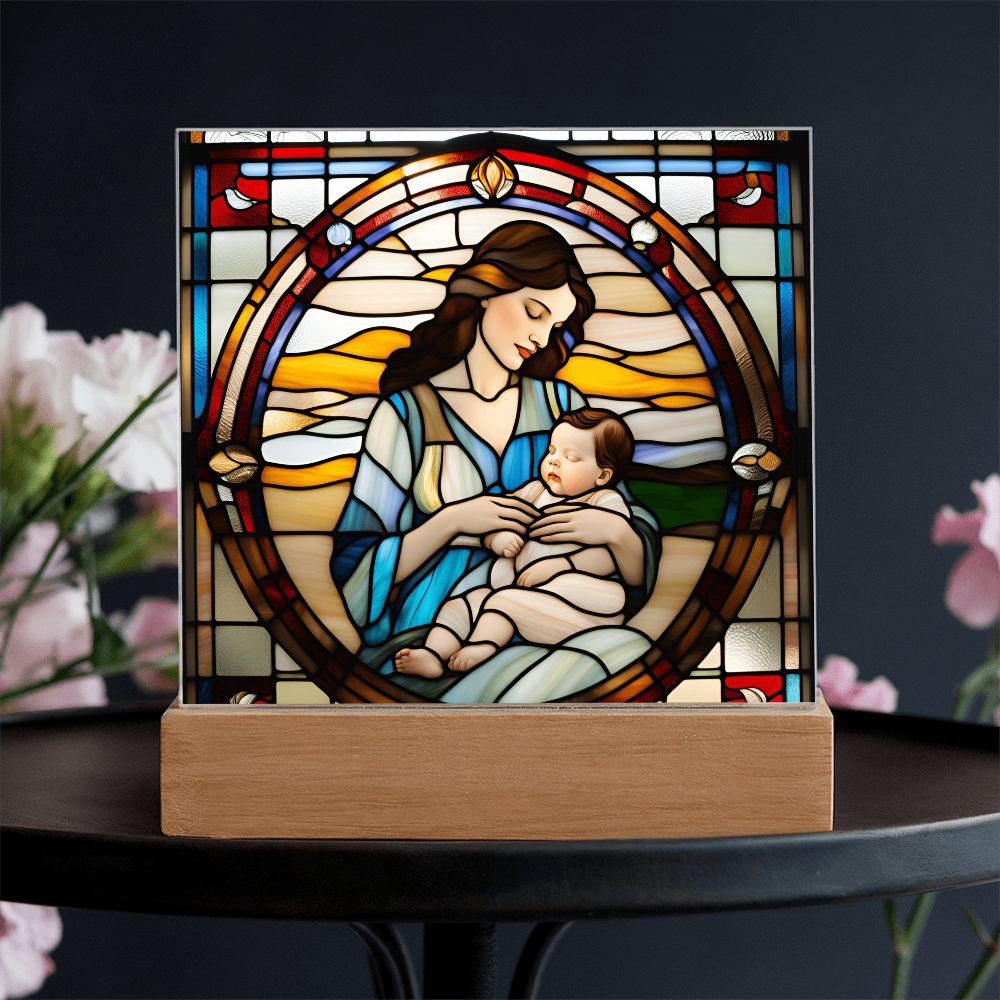 Brunette Mother and Baby - Stained Glass Style LED Acrylic Plaque – A Cherished Gift for Mother's Day or New Moms - Mallard Moon Gift Shop