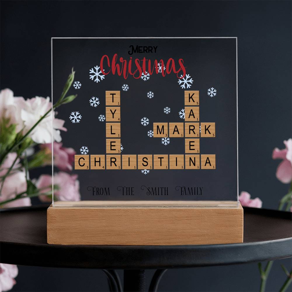 Personalized Crossword Puzzle Merry Christmas Acrylic Plaque with Lighted LED Wooden Base - Mallard Moon Gift Shop