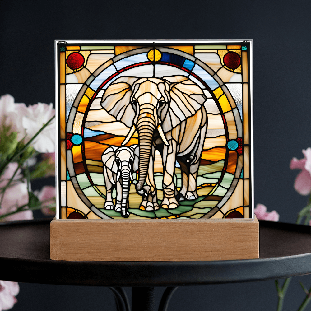 Elephant Mother and Baby Calf - Stained Glass Style LED Acrylic Plaque – A Symbol of Strength, Love, and Family - Mallard Moon Gift Shop