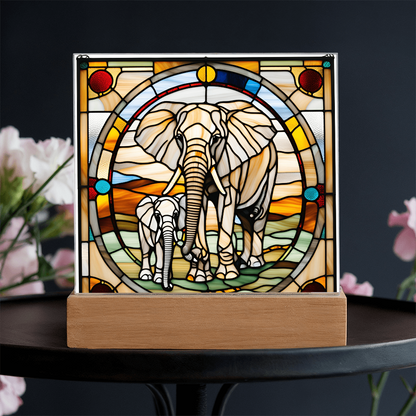 Elephant Mother and Baby Calf - Stained Glass Style LED Acrylic Plaque – A Symbol of Strength, Love, and Family - Mallard Moon Gift Shop