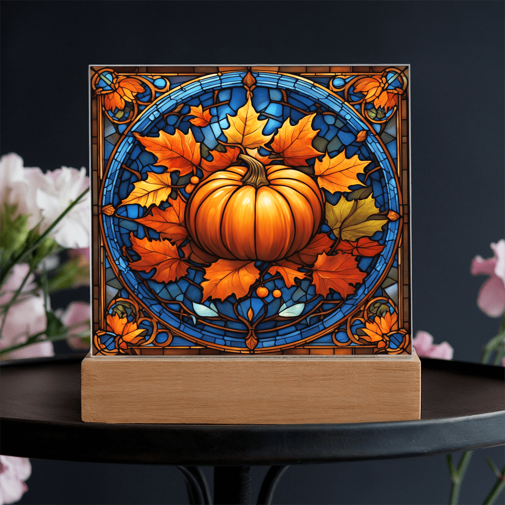 Stained Glass Pumpkin Acrylic Plaque – Elegant Thanksgiving Home Décor | Fall Harvest LED Light Display